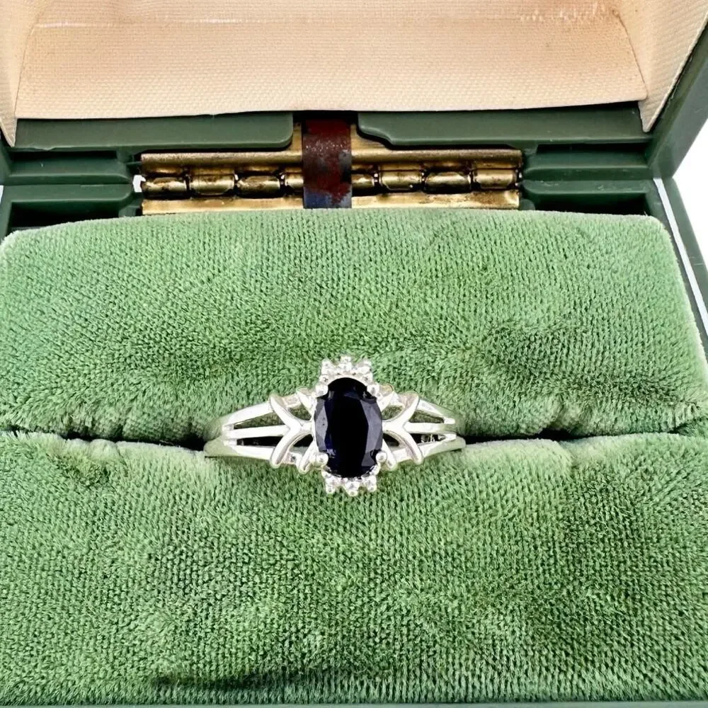 925 Sterling Silver Dark Blue Sapphire Oval Elegant Prong Set Size 8.75 Ring